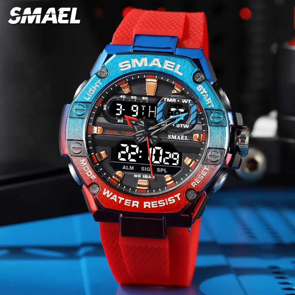 SMAEL Dual Time Red Digital Watch Men Military Sport Chronograph Quartz Electronic Wristwatch with Date Week Waterproof 8066