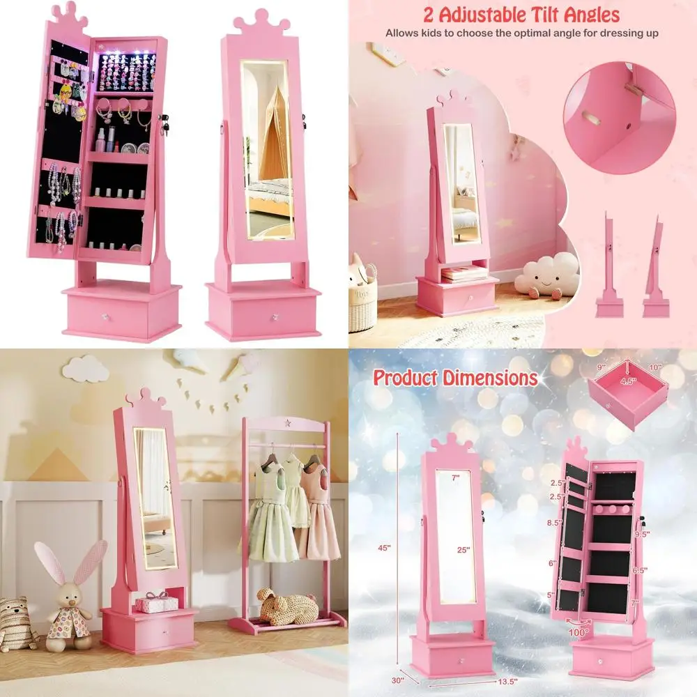 

Детский шкаф для украшений с розовой деревянной короной и зеркалом и ящиками для хранения вещей