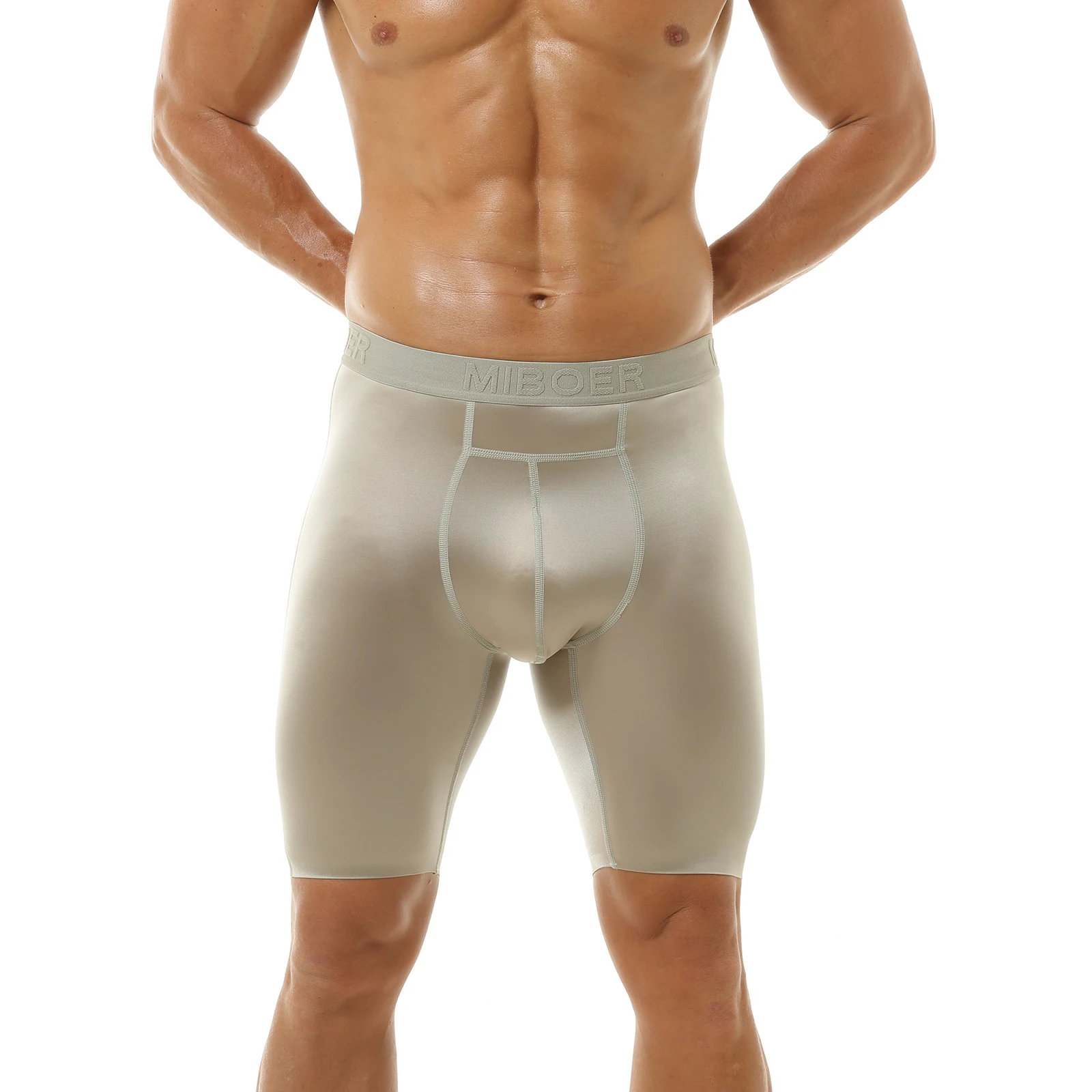 Lange Boxershorts für Herren, glänzende, glatte Satin-Unterwäsche mit U-förmigem, konvexem Taschen-Design, mittellange Boxershorts, breiter Bund, seidige Schlafbekleidung – Detail 22