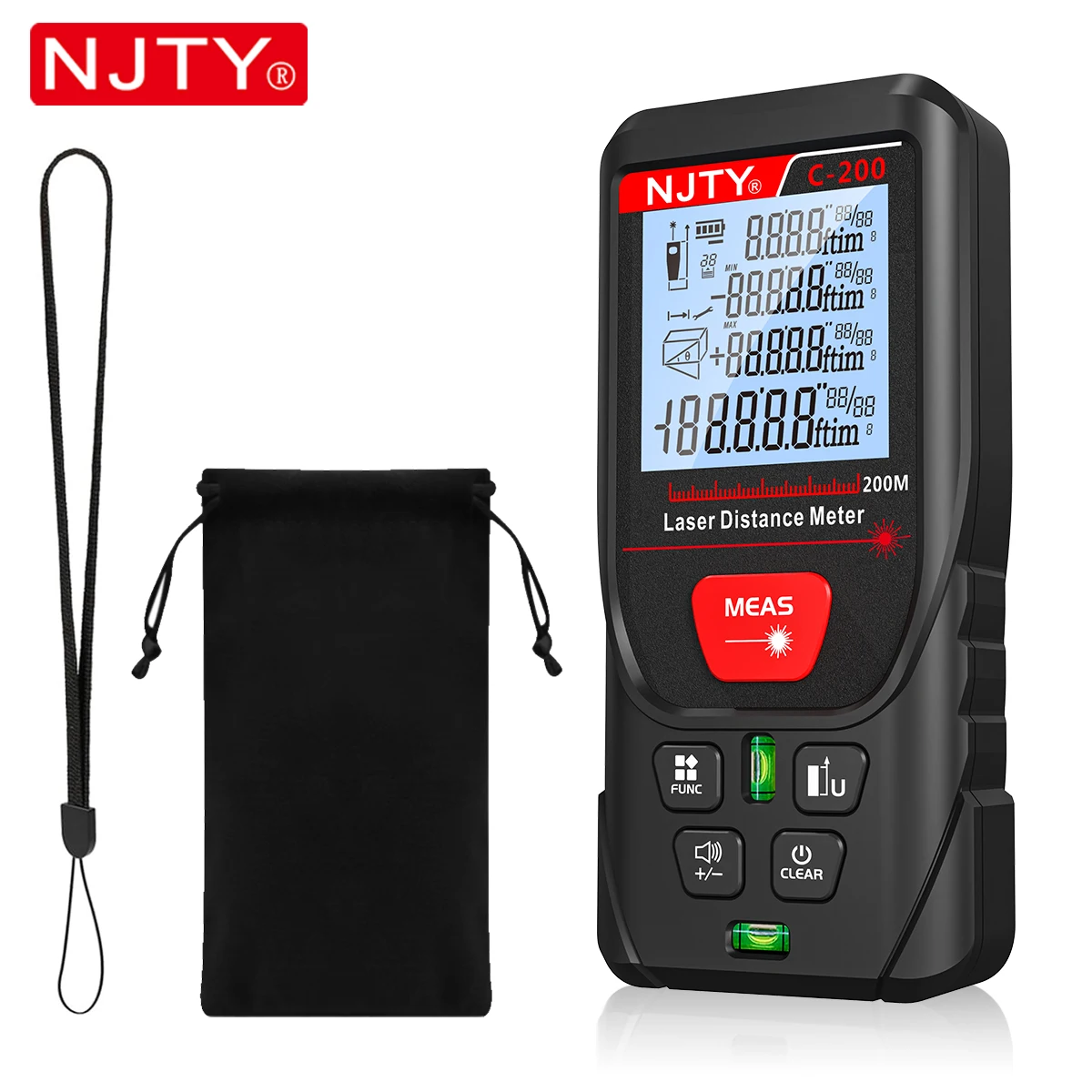 NJTY 50m 100m 200m Laser Meter Digital Handheld Tape Measure RED Laser with Portable Bag Lanyard Data Records IP54 Rangefinder