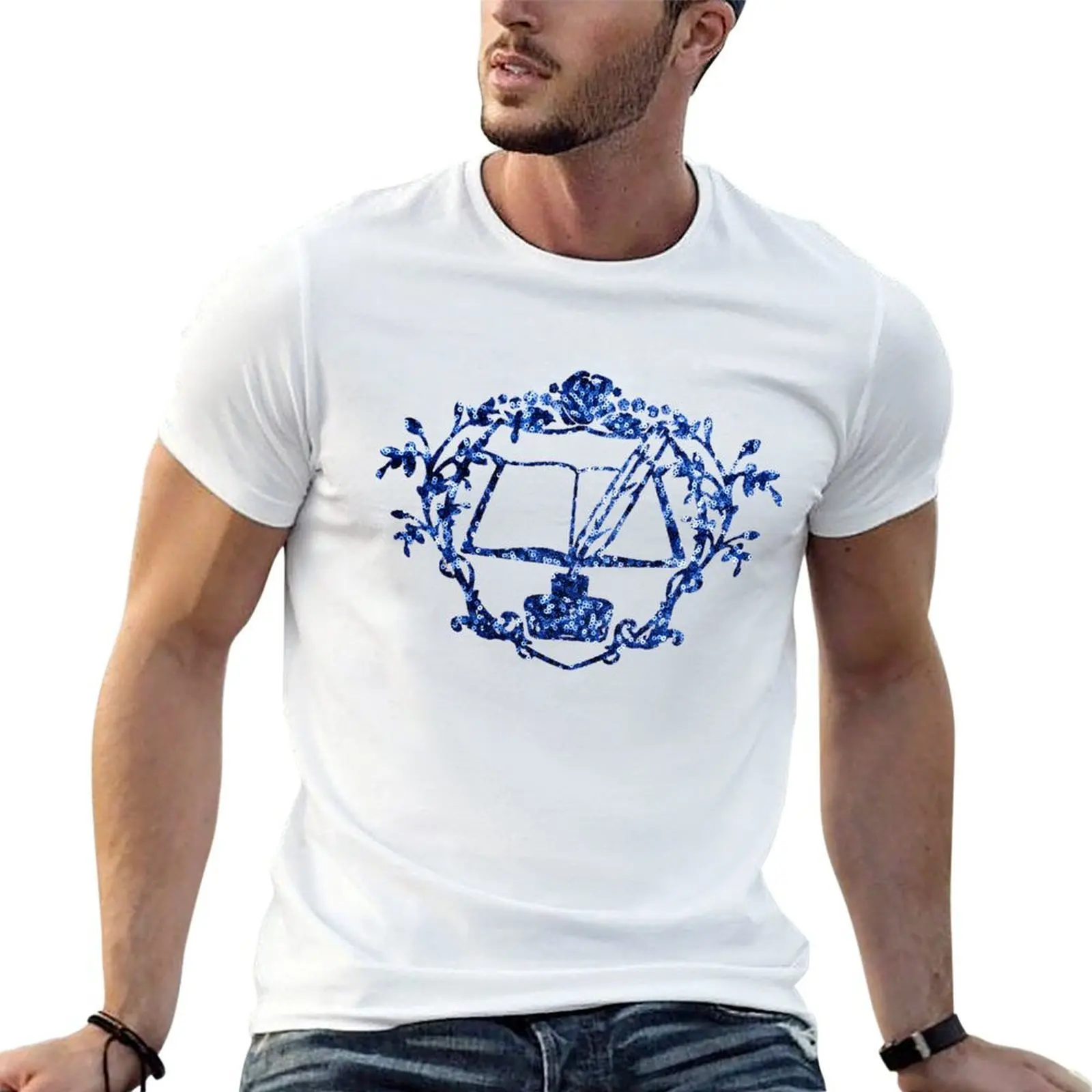 

Ascendance of a Bookworm - Myne's Workshop Crest with blue sequin logo star rose quill ink T-Shirt t shirt custom print T-Shirt