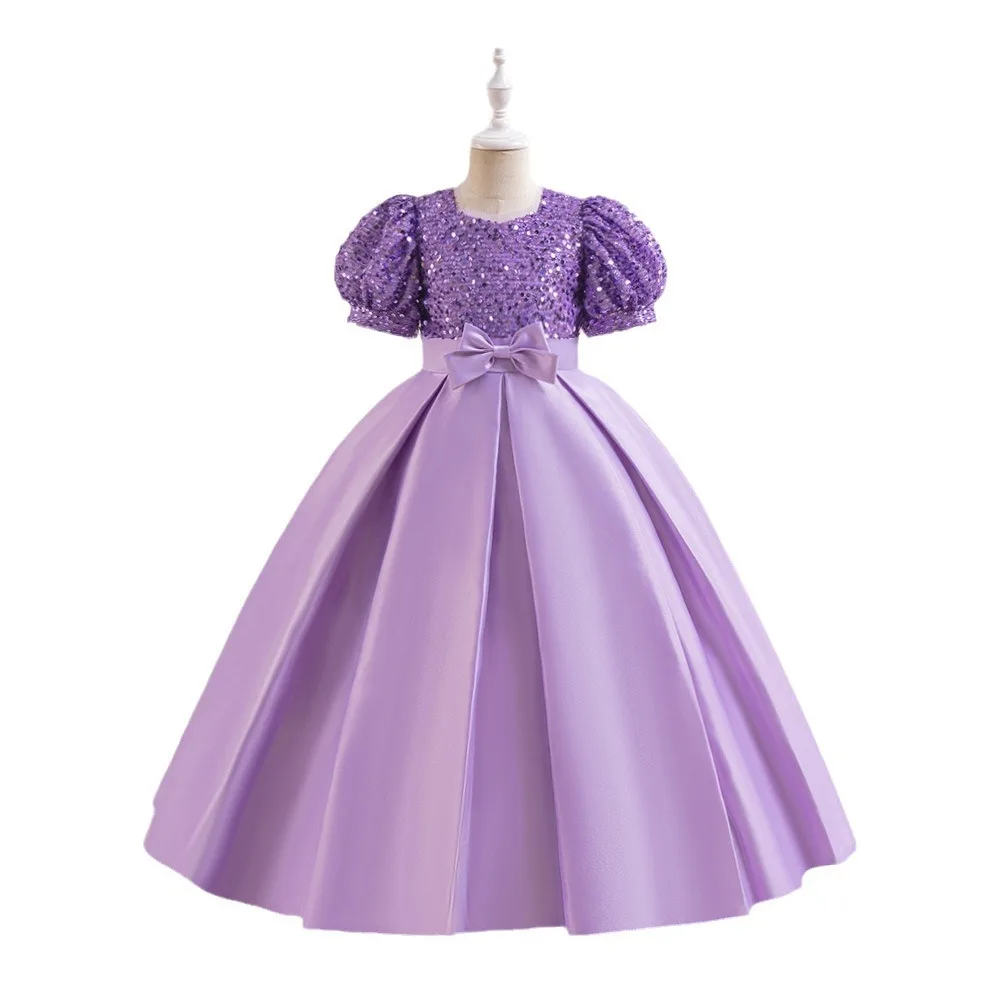 

2025 Princess Gown for Girls, Child Embellished Satin Dress Medium to Large Sizes Long Skirt for Showcasing and Piano Performan'