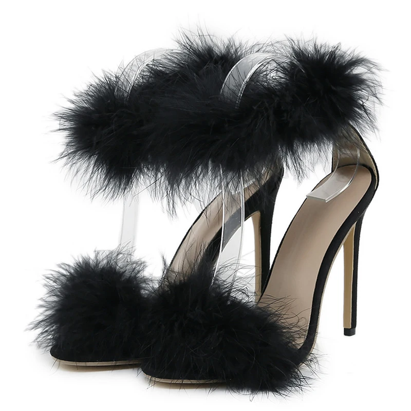 Liyke Summer Fashion Faux Fur Ankle Strap Sandals Women Open Toe Fluffy Feather High Heels Party Dress Shoes Sandalias De Mujer