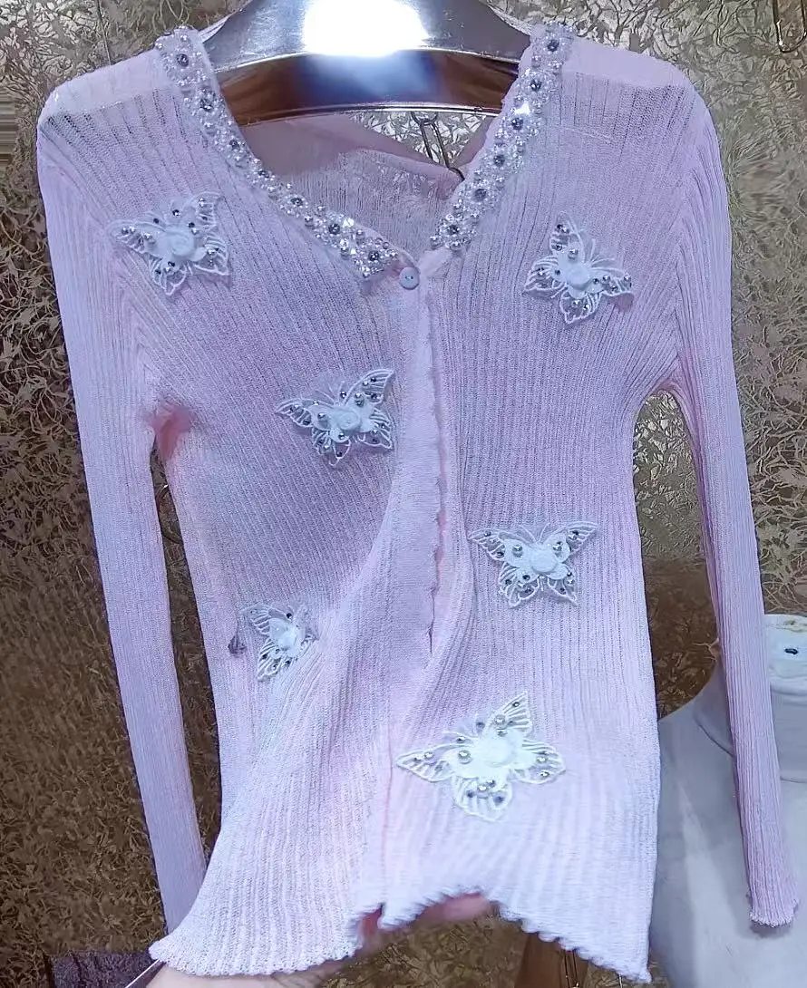 

Summer Clothes 2025 Luxury Design Knitted Cardigan for Women Heavy Industry Pearl 3D Flower Slim Thin Sweater Outwear Coat Top