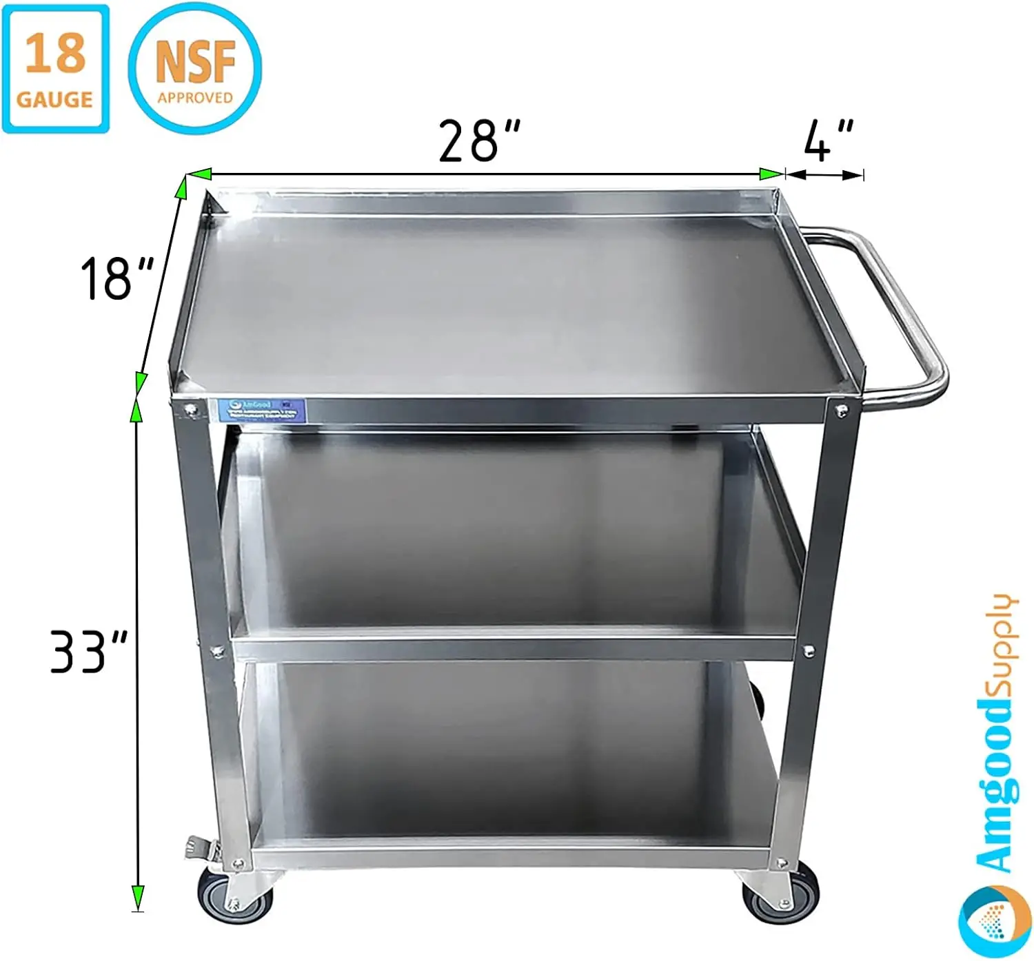 Steel Utility Cart | 18" Wide X 28" Long X 33" High | 3 Shelf Metal Utility Cart on Wheels with Handle