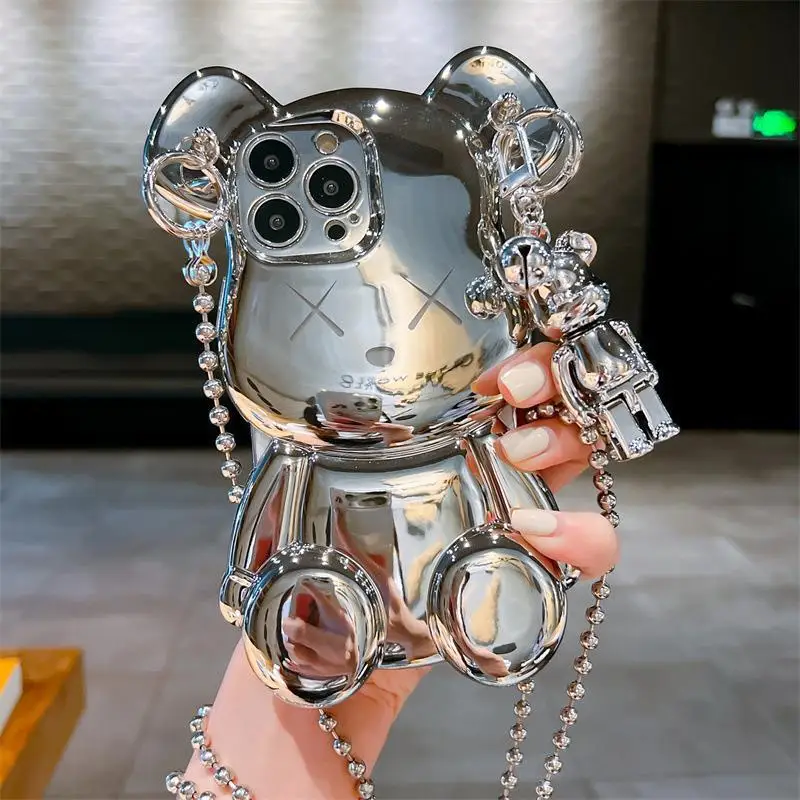 

dimensional electroplating bear iPhone14promax mobile phone case Apple 15promax cross-body strap chain 12 pendant