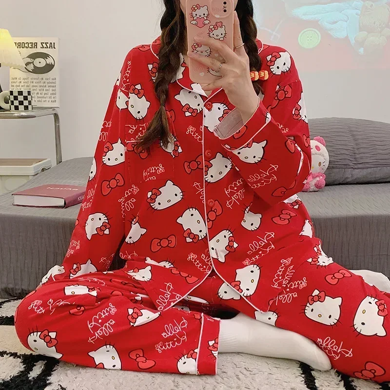 Kawaii Sanrios Hello Kitty Autumn Pajamas Suit Girls Soft Winter Cardigan Long Sleeve Pants Casual Women Homewear Sleepwear Gift