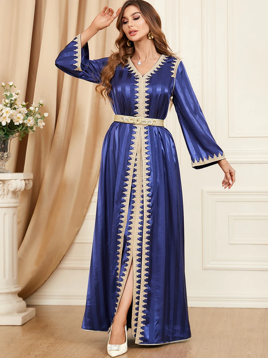 

Traditional Algerian Caftan Sleeveless Inner + Front Split Dress Turkish Kaftan Dubai Arabic Abaya Islamic Clothing Belted Gown