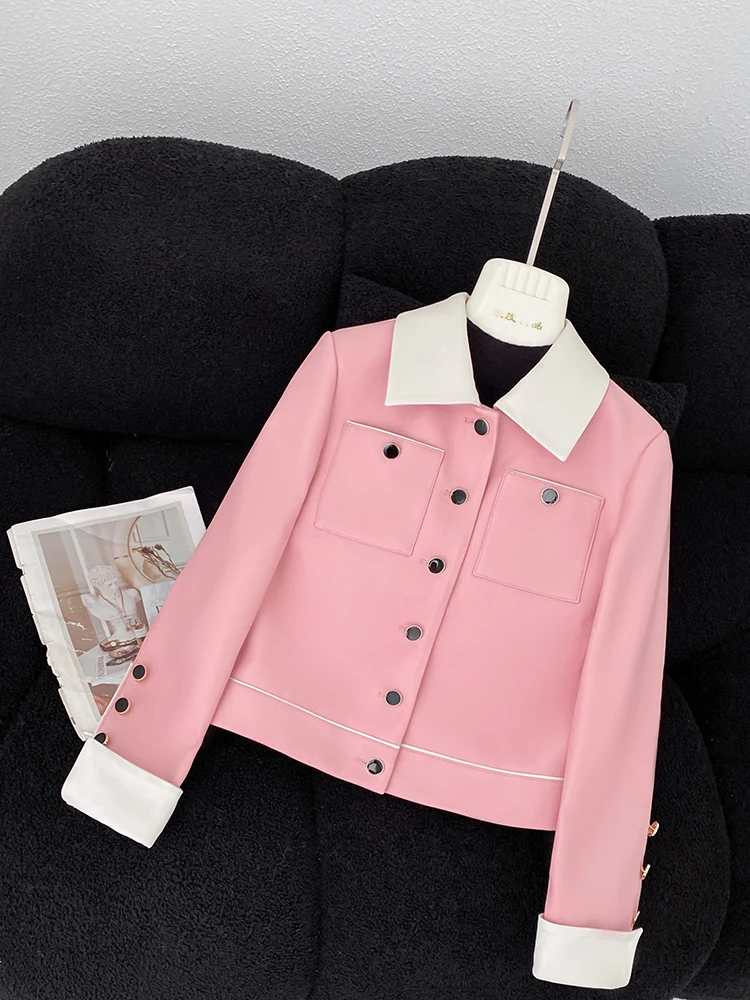 سترة نسائية من الجلد الطبيعي قصيرة للربيع والخريف وطية صدر فنية بقصة ضيقة من جلد الخراف وجيوب واحدة باللون الوردي #3