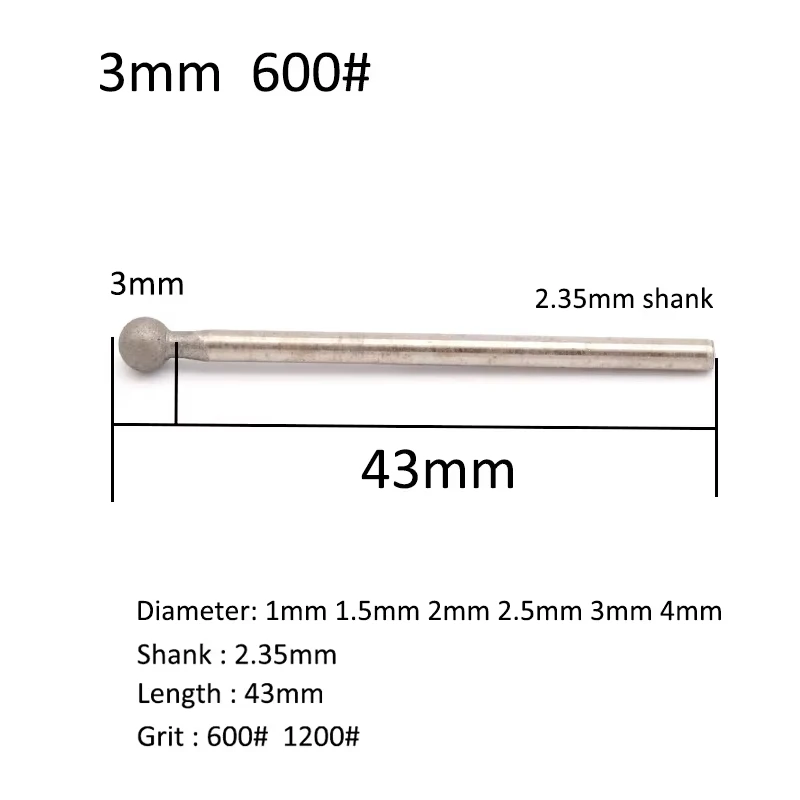 2.35mm Shank Ball Shape Polishing Head Rotary Spherical Burr Tool Ball Round Diamond Burr Grinding Bits Head Dia 1/1.5/2/3/4mm