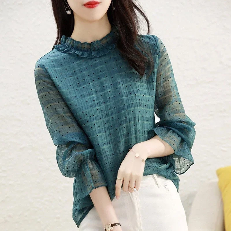 

Elegant Ruffles Spliced Loose Polka Dot Blouse Women's Clothing Summer New Casual Pullovers Office Lady Flare Sleeve Shirt XT822