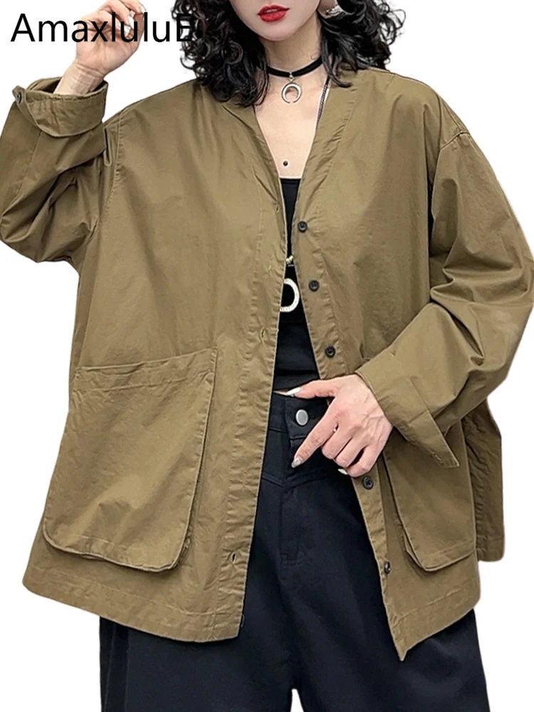 

Amax LuluE Korean Design Classic Soild Jackets Females 2026 Spring Vintage Fashion Coats Womens Loose Leisure V Neck Outerwear