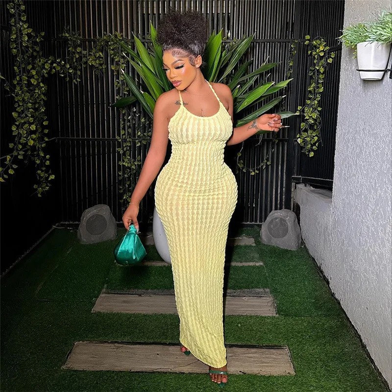 Sedutor vestido sem costas alça espaguete vestido de verão monocromático pipoca textura vestido elegante praia festa vestido de verão