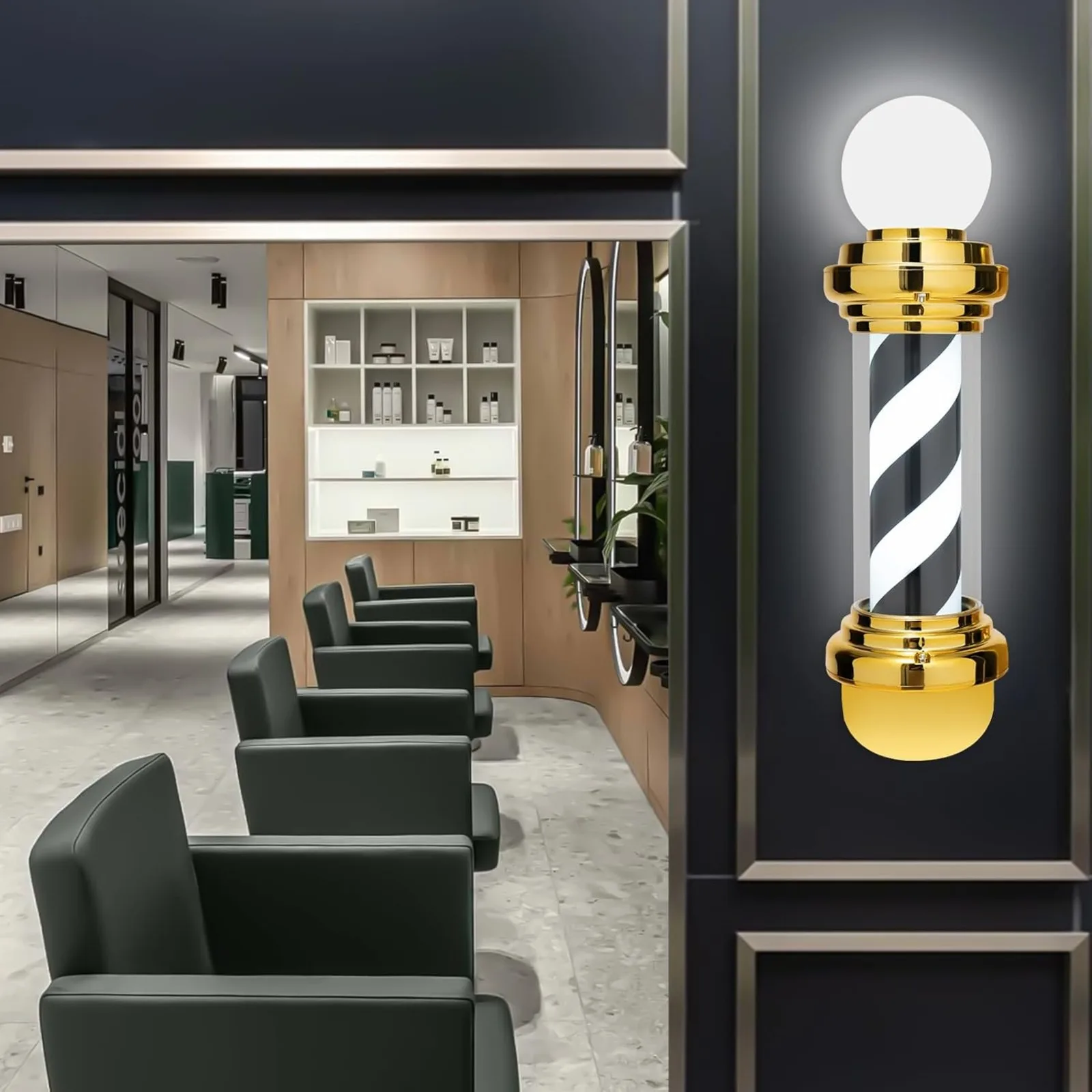 

27” Barber Shop LED Pole Light, Golden Black White Rotating Hair Salon Open Sign, IP54 Waterproof, Save Energy, Wall Mount