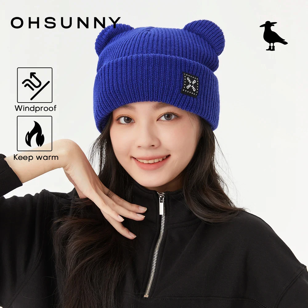

OhSunny теплая шерстяная вязаная шапка, зимние шапки, женские складные вязаные шапки, шапка с медвежьими ушками, шапки для женщин, кашемировая шапка Skullies