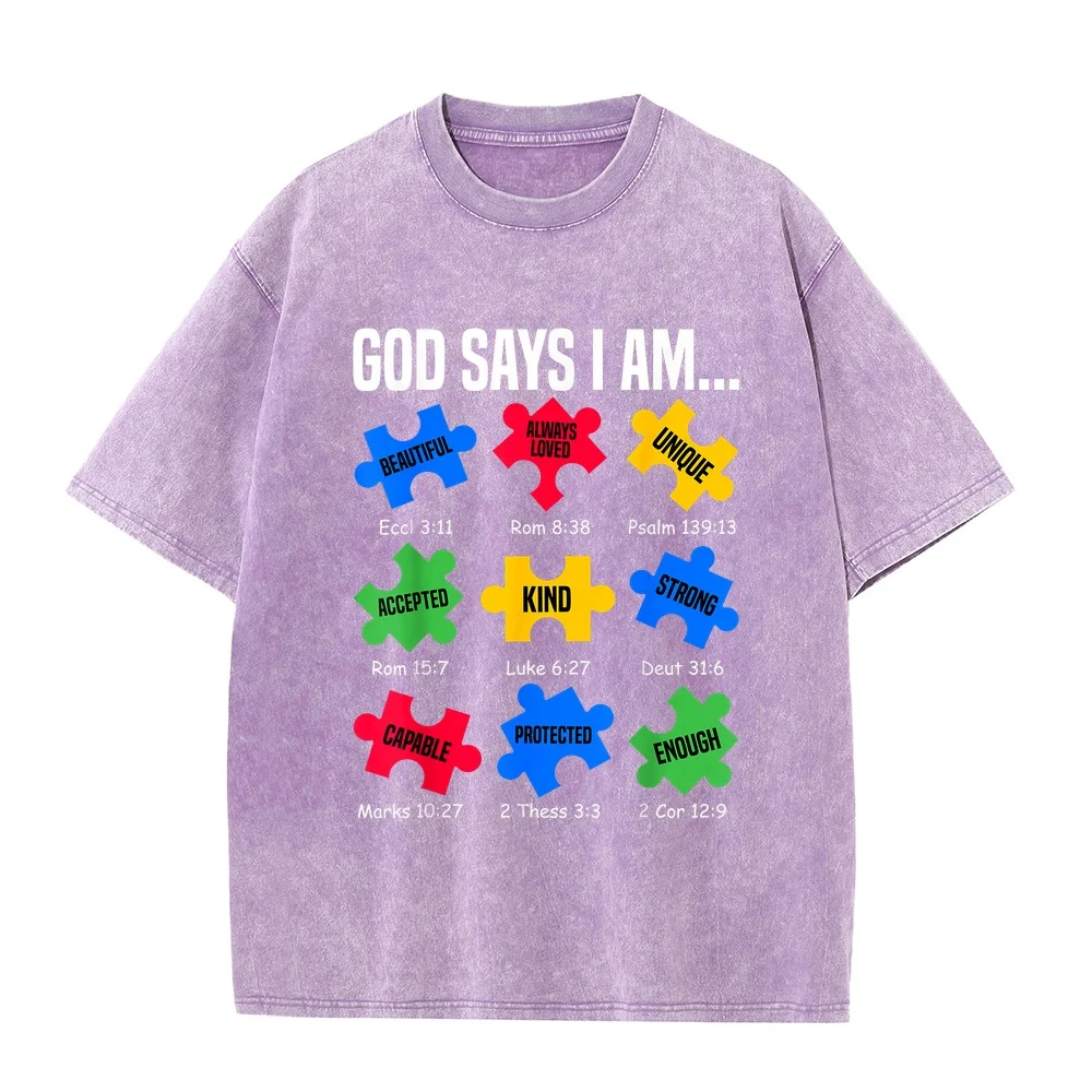 God Says I Am Autism Awareness Day Puzzle Pieces Christian T-Shirt Hombre Ropa חולצות Camisetas Big Size Summer Cotton Tee