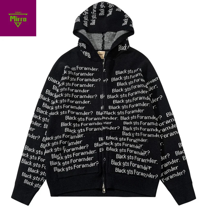 

Letter Sweaters Men Vintage Hooded Sweater Knitted Cardigan Streetwear Harajuku Hip Hop Oversized Sweaters Knitwear