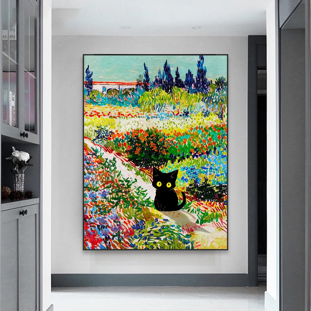 Cartoon Cat Oil Painting Prints Retro Van Gogh Garden at Arles Poster Cute Cartoon Animal Cat Wall Art Canvas Painting Art Decor