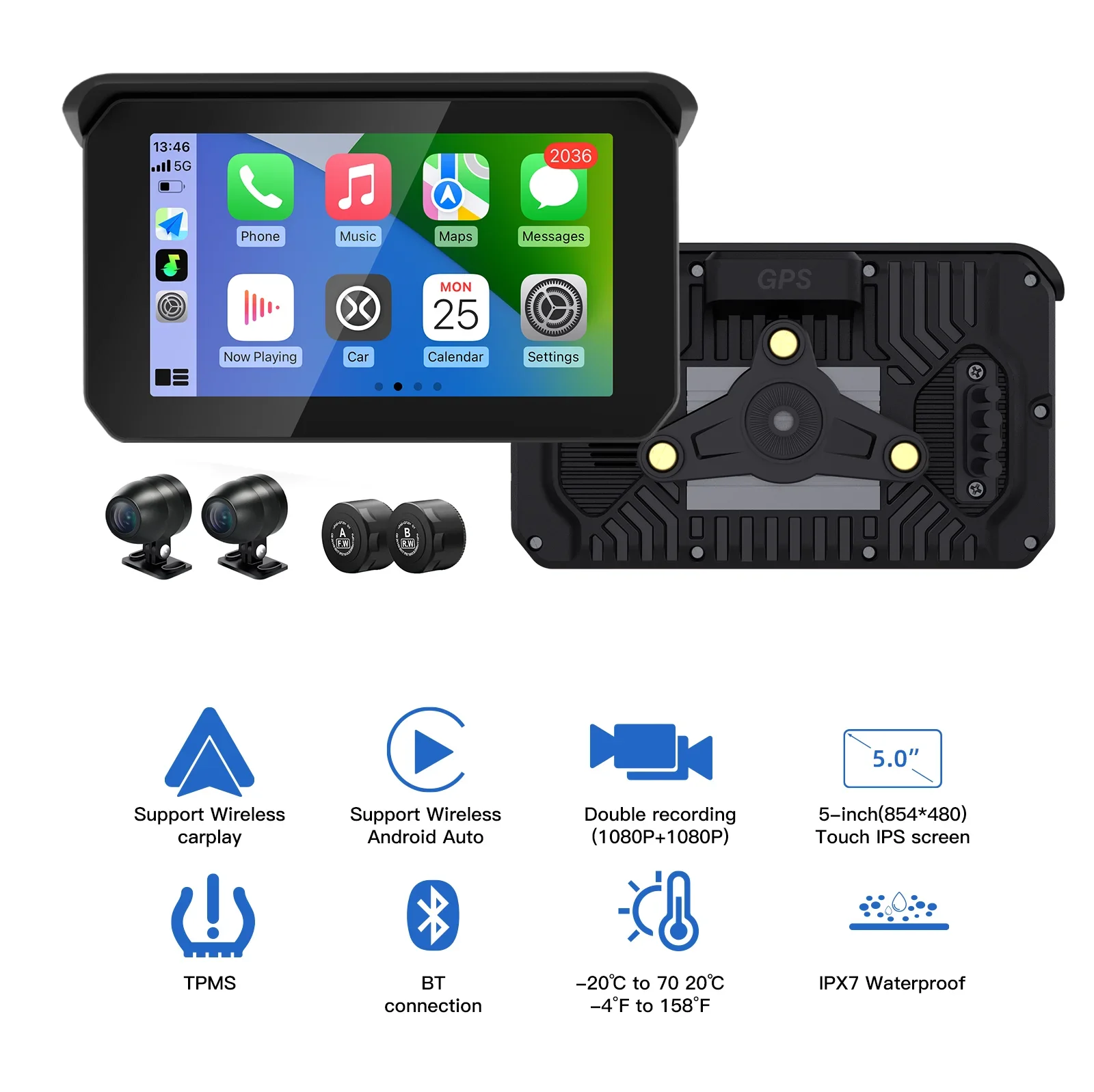 Wireless Carplay Motorcycle Android Auto GPS Navigation Screen with 5 Inch touch display Waterproof IPX7 Dashcam moto camera