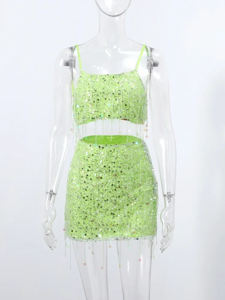Sexy Tassel Sequin Mini Skirt Sets Women Crop Backless Sling Vest Short Hip Package A-line Skirts 2026 Summer Lady Party Outfits image 6
