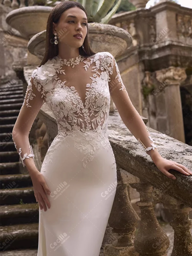 ชุดแต่งงานที่งดงาม ชุดเจ้าสาวสุดหรู ประดับด้วยลูกไม้ ชุดคลุมที่สวยงาม แขนยาว สวยงาม สามารถปรับแต่งได้ ชุดเจ้าสาว