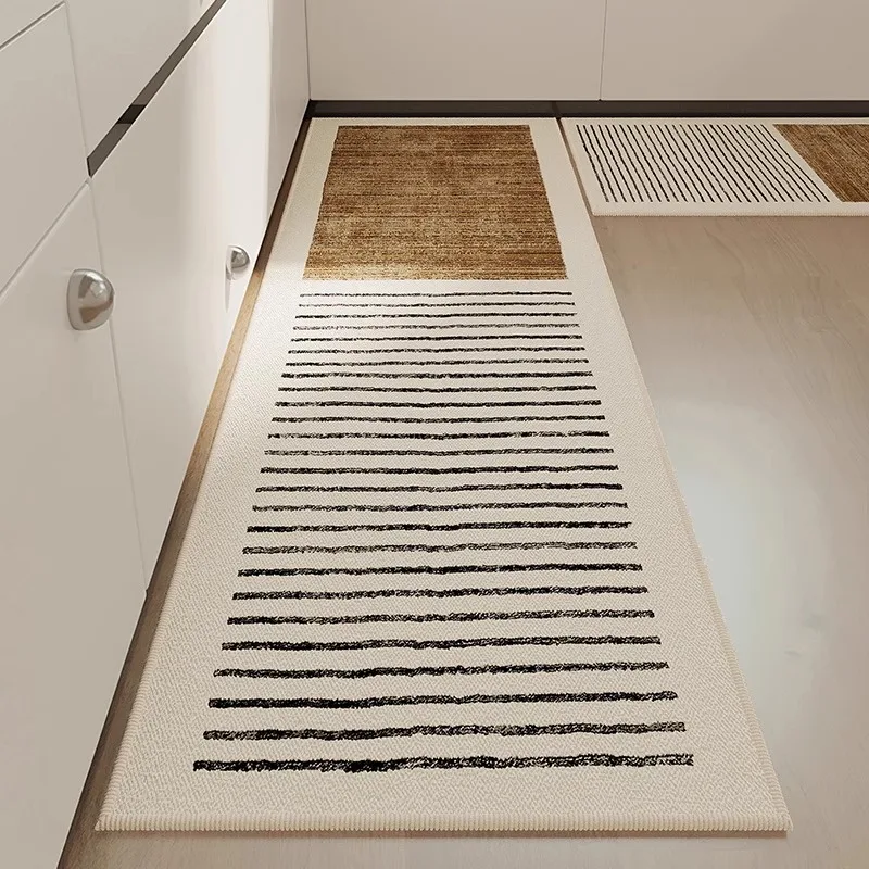 Kitchen Carpet Non-slip Waterproof Stain-resistant Floor Mat Geometric Lines Brown Rug Long Strip Home Decorative Mats 주방 러그