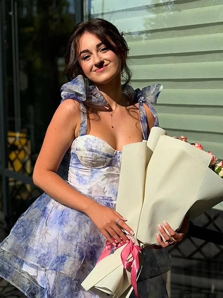 Impresso rendas até curto inchado halter vestido mulher sem costas magro plissado em camadas vestidos elegantes sexy moda feminina mini vestidos