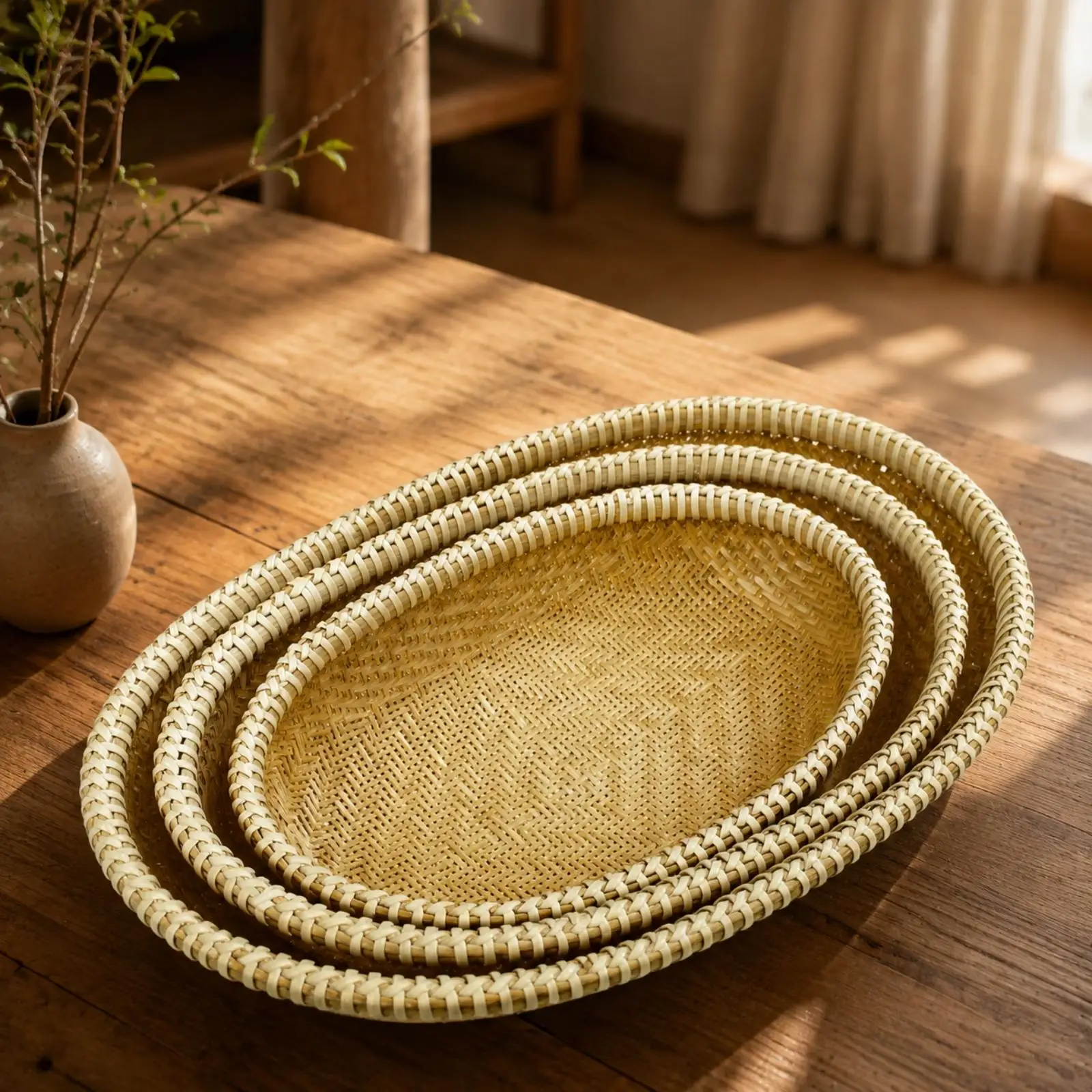 Oval Bamboo Weave Basket for Kitchen Worktop Snack Serving and Small Items Storage with Braided Rim