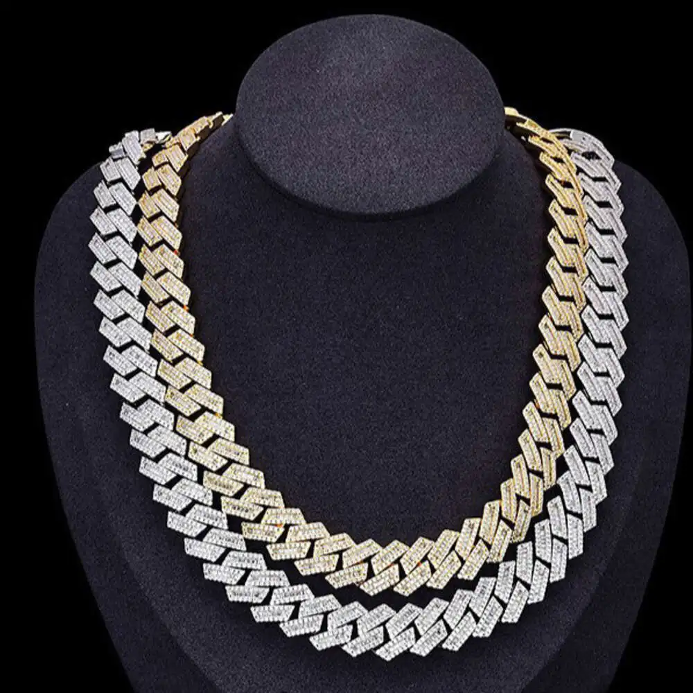 Hip Hop 15mm Width Cuban Link Necklace 925 Silver Gold Plated Iced Moissanite Chian