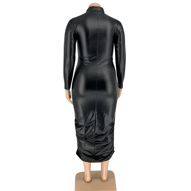 Couro do plutônio mais tamanho 5xl vestidos para as mulheres zip up manga cheia estiramento offie senhora elegante preto maxi vestido atacado dropshipping