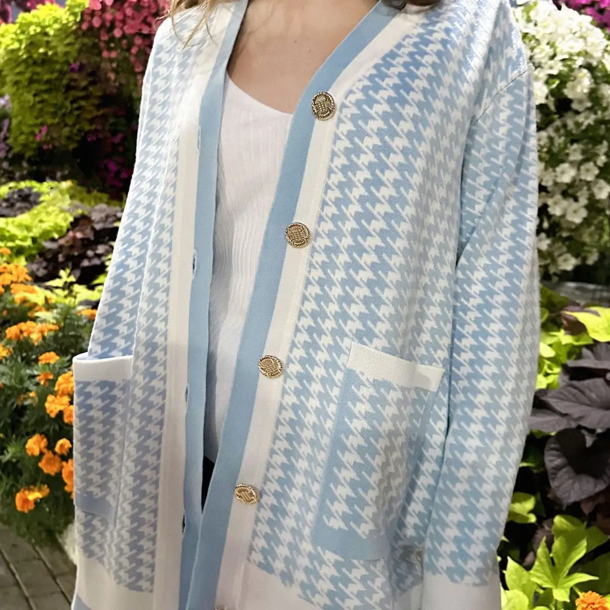 Women Houndstooth Cardigan Sweater Fall Winter Fashion Loose Fit Long Sleeve