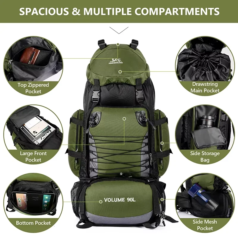 Large 90-liter travel bag, camping backpack, hiking backpack, military backpack, mountaineering backpack, outdoor backpack