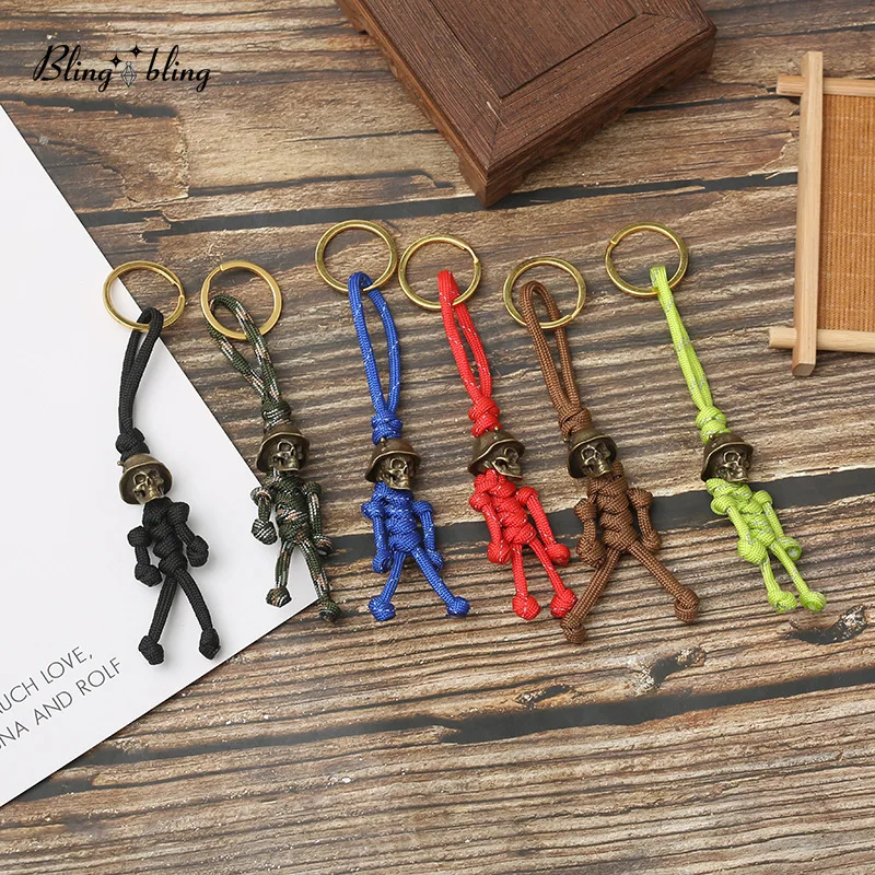 Retro Skull Head Keychain Car Biker Helmet Pendant Car Keychain Braided Rope Paracord Buddy Bag Hanging Backpack Doll Toy