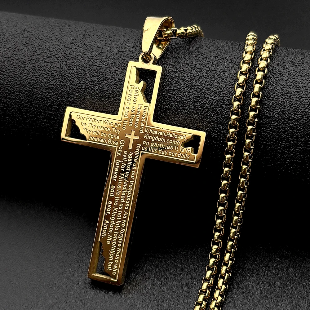 Hollow Lord's Prayer Christian English Bible Cross Pendant Necklace for Women Men Stainless Steel Protection Faith Chain Jewelry