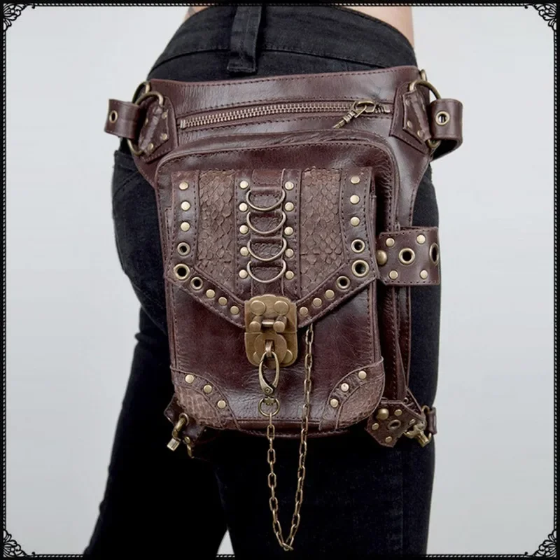 

2024 New Top Quality PU Leather Women's Waist Brand Ride Leg Drop Bag Punk Rock Motorcycle Skull Messenger Shoulder Pack