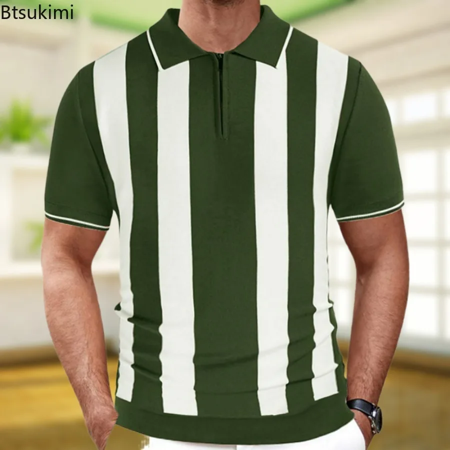 Camiseta de punto a rayas para hombre, jersey de media cremallera, Polo informal de negocios de manga corta, novedad de verano, 2024