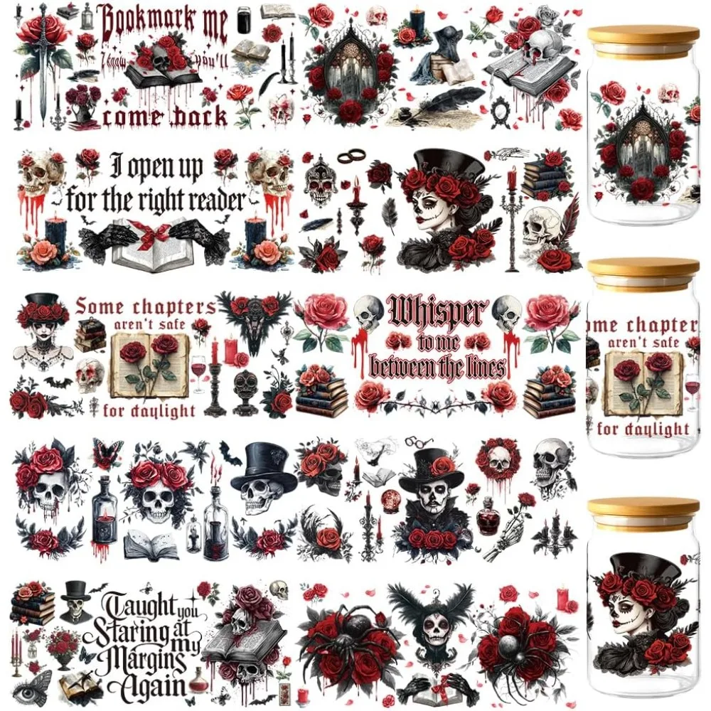 10 Stück Gothic UV DTF Becherummantelungen Blumen-Totenkopf UV DTF Becherummantelungs-Aufkleber Personalisierte Wasserfeste Transferaufkleber