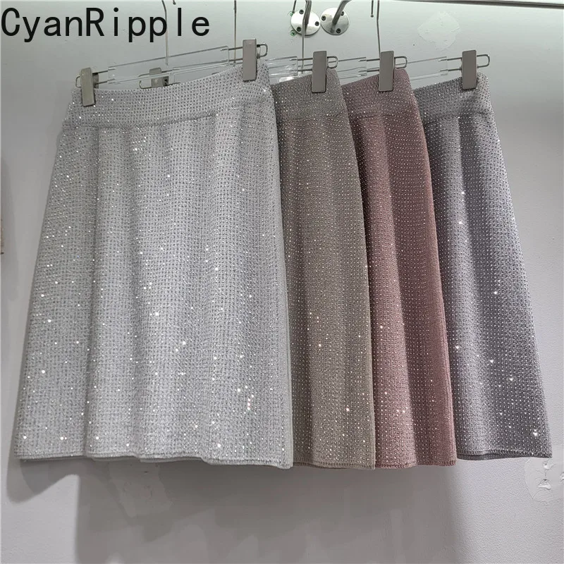 Fashion New Spring Summer Bright Silk Knitting Skirt All-match Solid Color Elegant Lady Elastic Waist Casual Short A-line Skirts