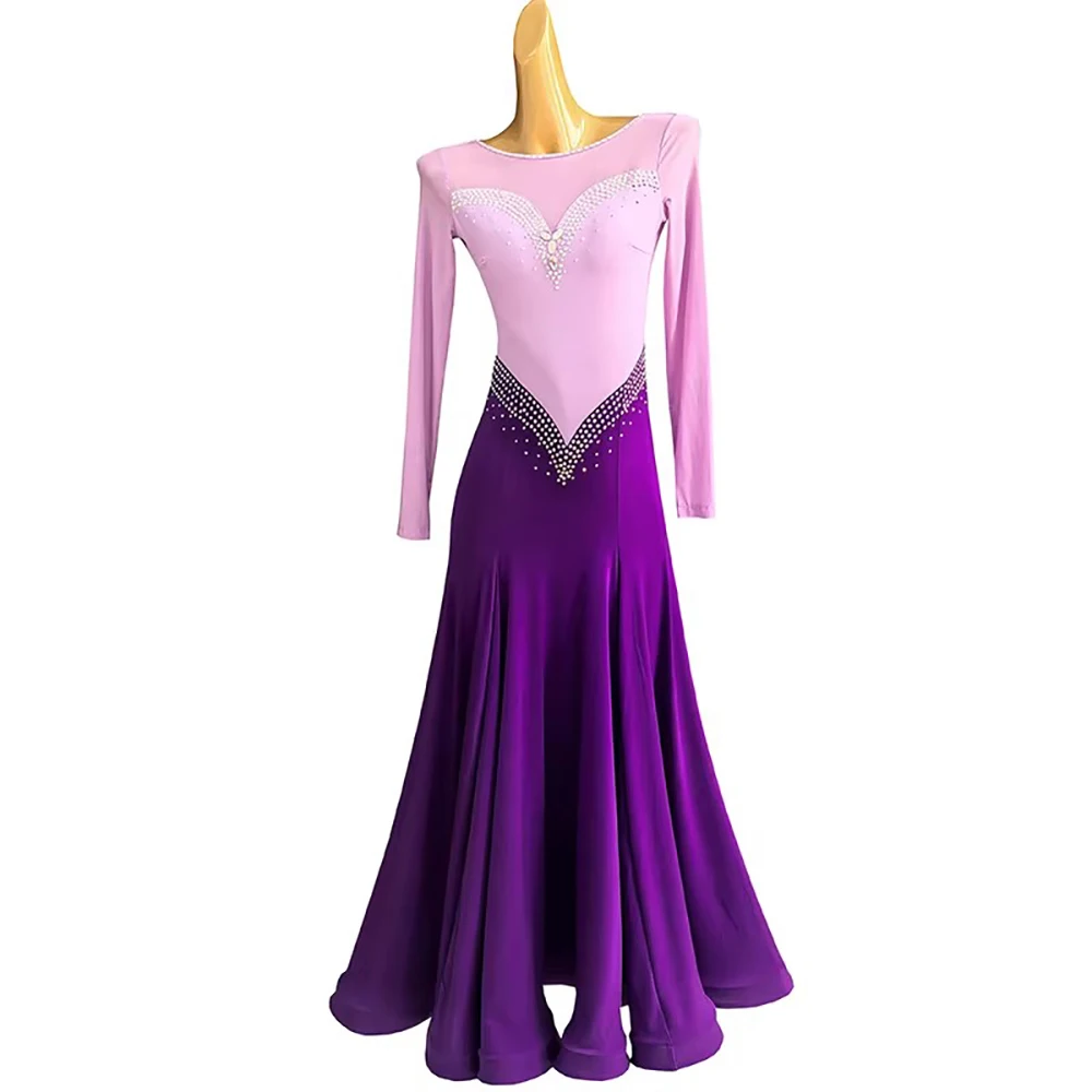 

2026 New Women's Elegant Rhinestone Ballroom Dance Dress Long Sleeve Big Swing Modern Waltz Competition Costume