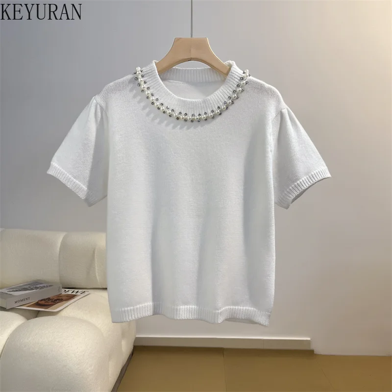 Peals Beaded Diamonds Knit T-Shirts Women 2024 Summer New Korean Fashion Loose Spliced Puff Short Sleeve Sweater Tops Tees Femme