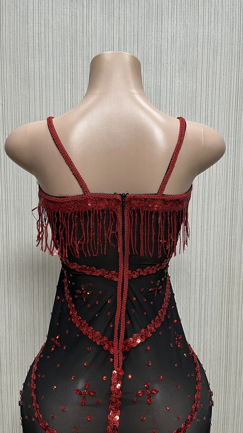 Diamond Tassel Sequins Cotton Sleeveless Long Dress Sexy For Women's Club, Birthday & Celebrity Events Body Transparente Flecos