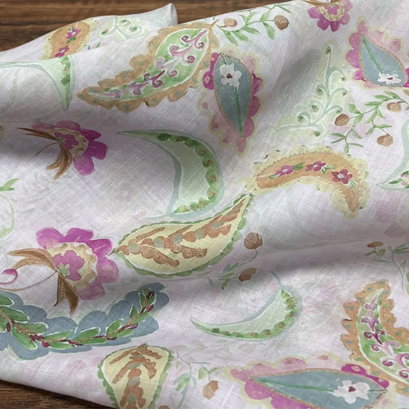 Reiner Ramie-Stoff mit Cashew-Blumen-Print, Neuer Chinesischer Stil Qipao Sommerkleid Oberteil Heimdekoration Textil Bekleidung Mode Stoff