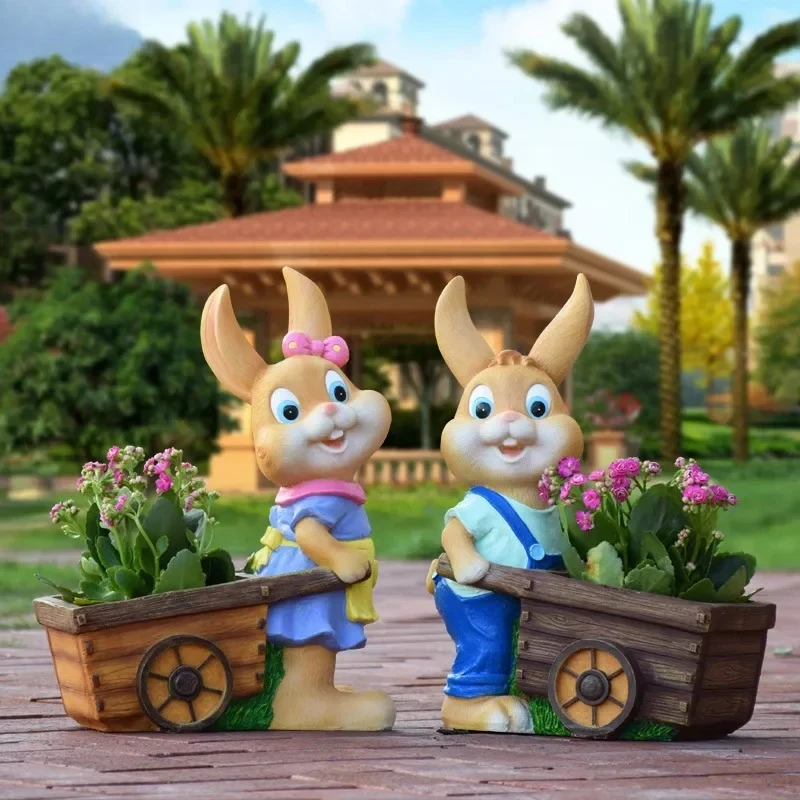 Garden landscape sculpture cartoon rabbit flower cylinder outdoor garden courtyard decoration villa animal flower pot decoration