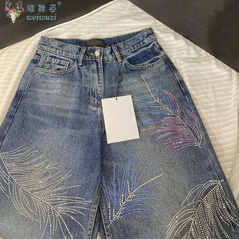 Elegant Rhinestone Feather Pattern Women's Jeans Y2k Fashion Must-have High Waist Denim Pants Causal Wide-Leg Denim Streetwear
