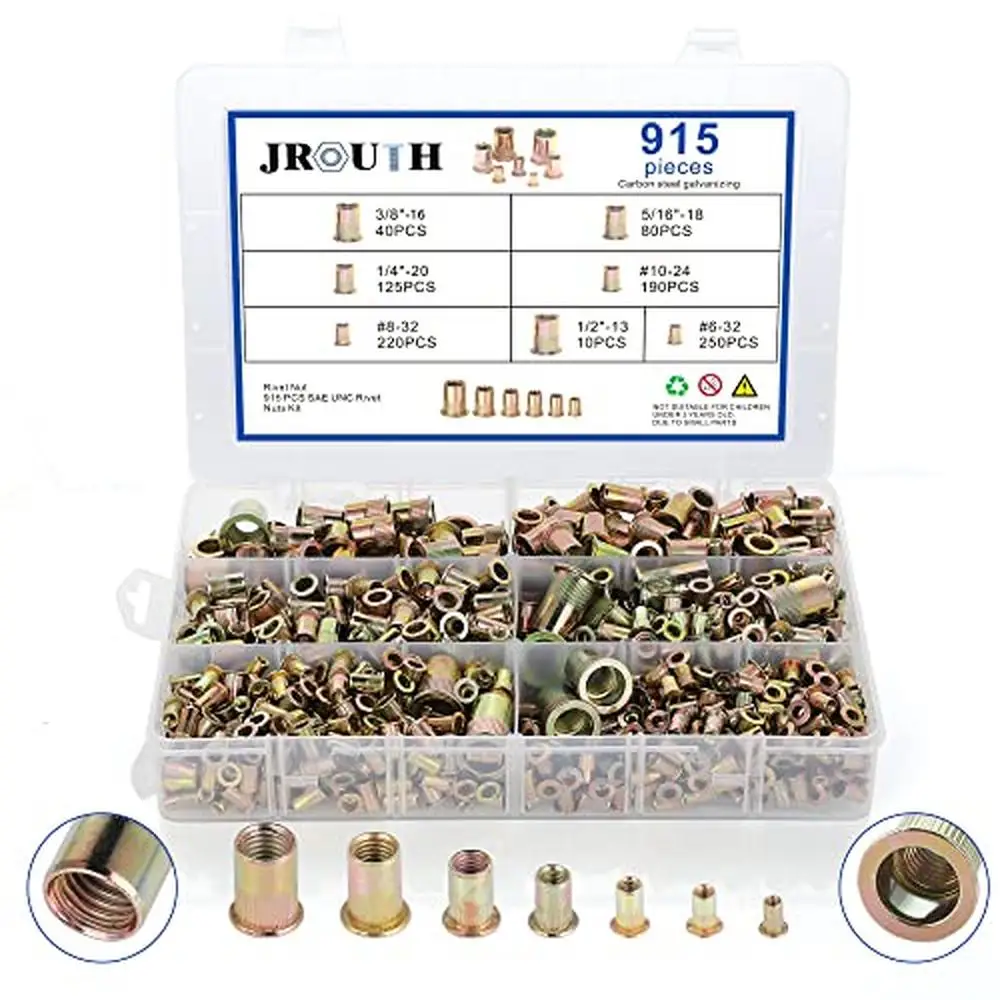 915pcs Zinc Plated Carbon Steel Rivet Nut Kit SAE UNC Assortment 6#-32 8#-32 10#-24 1/4