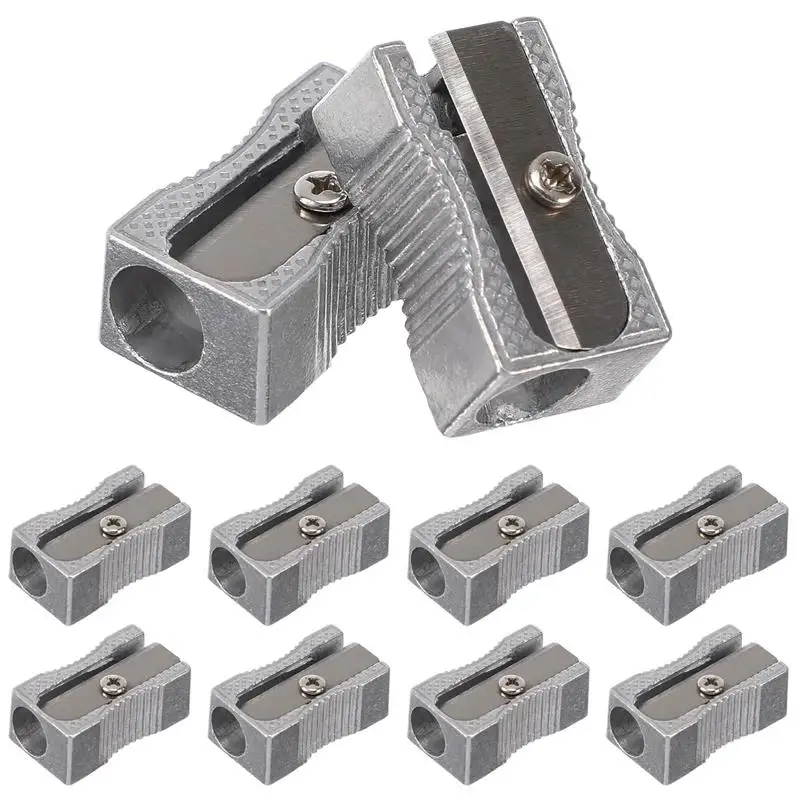 10PCS Dual Pencil Sharpener Pocket Aluminium Alloy Metal 1-Hole Steel Rectangular Portable Small Sharpeners (Silver)