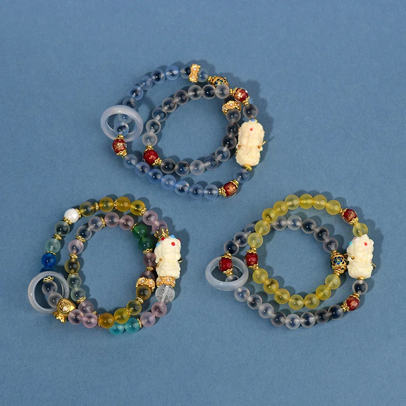 Original Sugar Heart Agate Little Tara Double-Circle Bracelet with Spinner Ring Gold Leaf Glass Hand Chain Jewelry