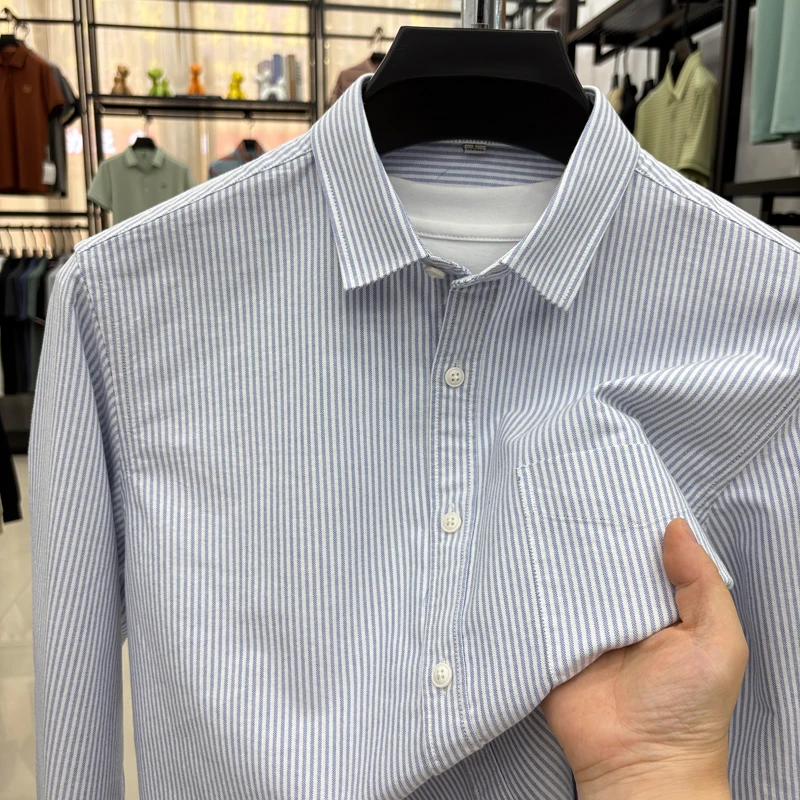 قميص رجالي من القطن 100% للخريف عالي الجودة وجيب مخطط وأكمام طويلة ملابس رجالية مناسبة للبشرة #3