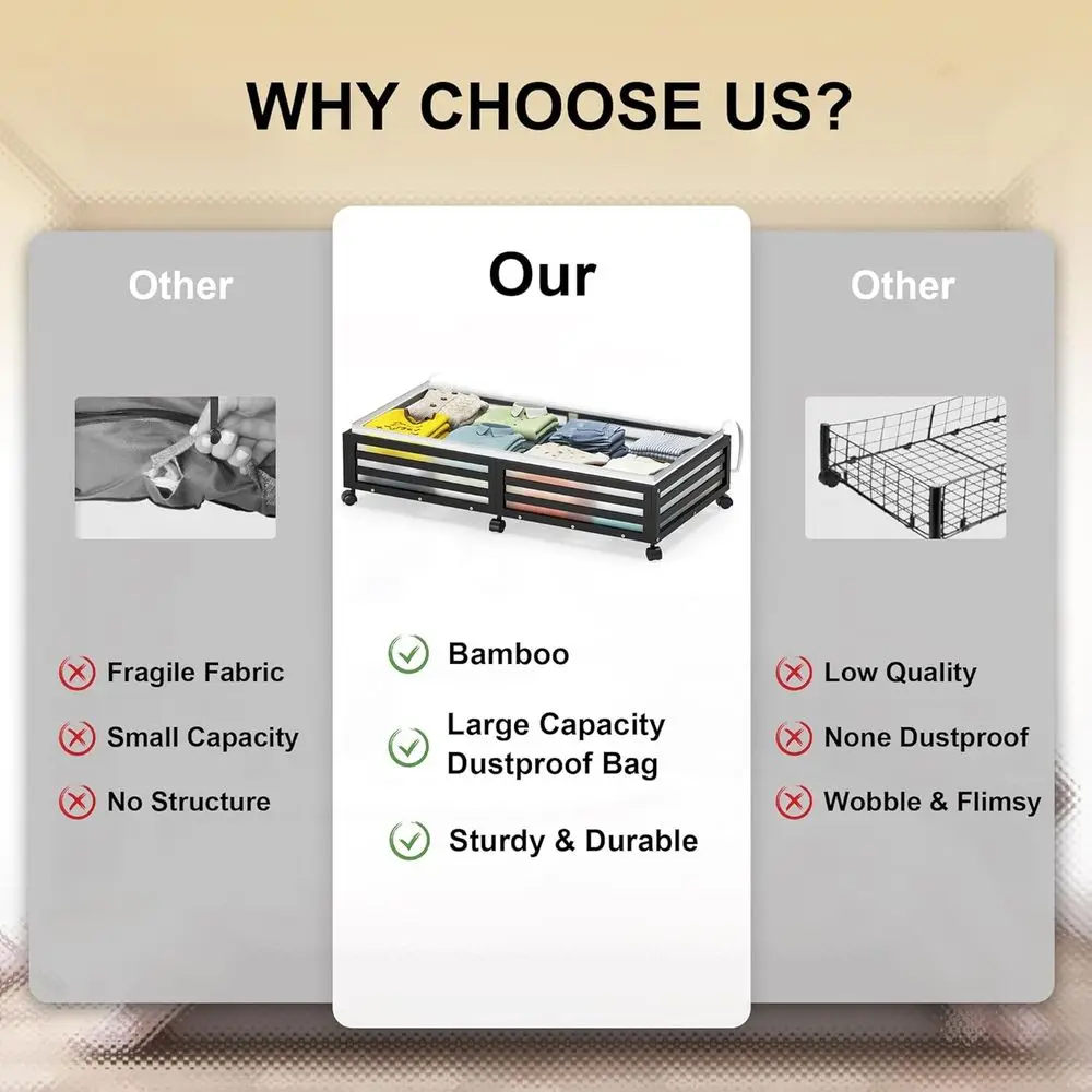 Duże bambusowe pojemniki do przechowywania pod łóżko z kółkami - pojemniki do układania w stosy na buty, ubrania i pościel (2 sztuki, czarne, 33,07 l x