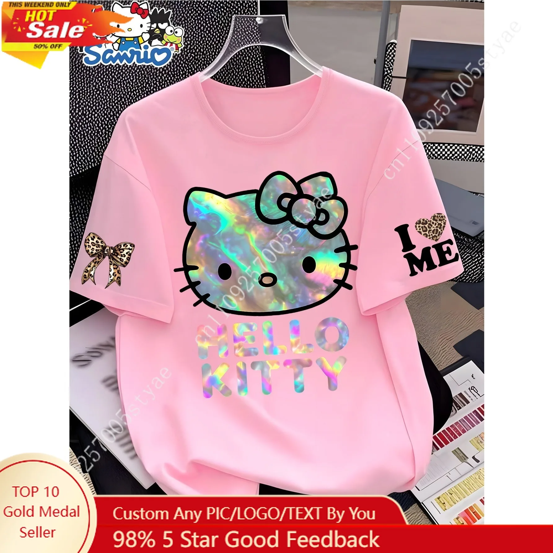 

Hello Kitty Rainbow Gradient Pattern New Women's Short Sleeved T-shirt Loose Round Neck Blouse